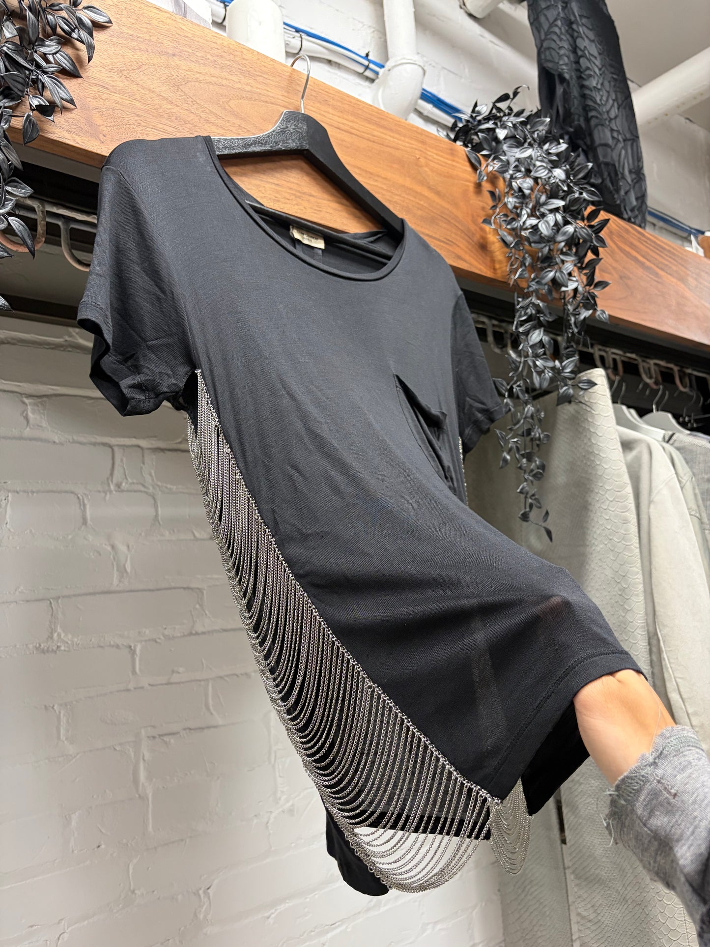 AW2013 Saint Laurent by Hedi Slimane ‘Chain Side Seam’ Runway Black Silk T-Shirt