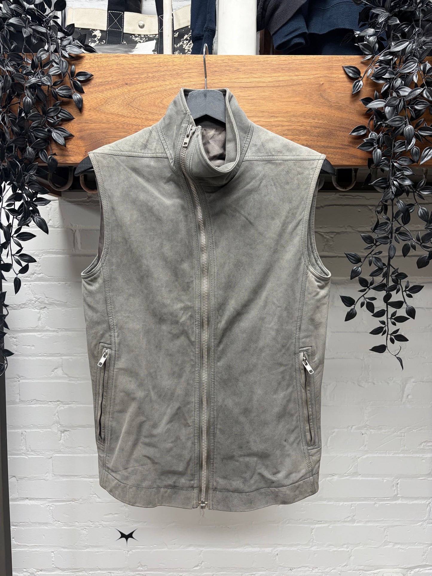 SS2015 Rick Owens ‘Faun’ Grey DRKDust Leather ‘Mollino’ Leather High Neck Zip Vest