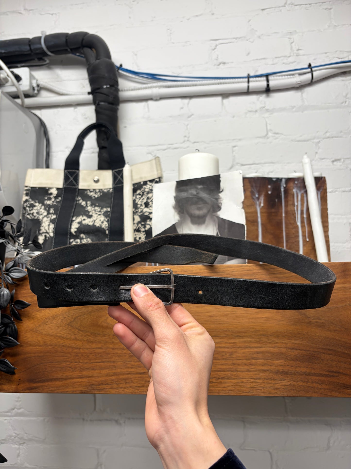 M.A.+ 925 Silver ‘Y-Buckle’ Interrupted Black Horsehide Leather Belt