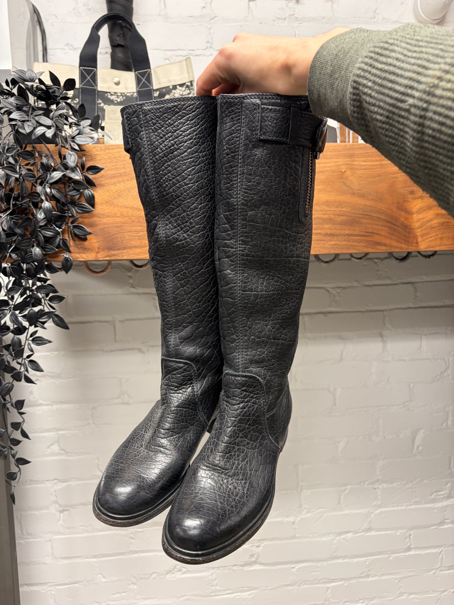 2000s Miu Miu Tumbled Black Calfskin Leather Mid Length Boots