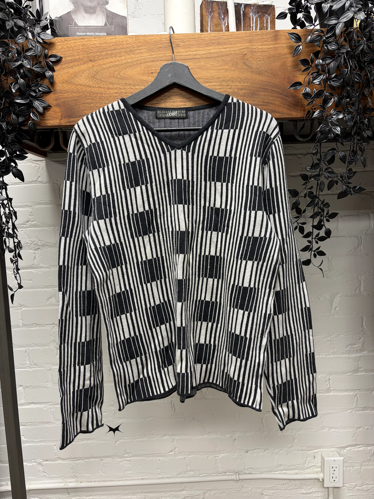 Vintage Jean Paul Gaultier ‘Objet’ Vertical Bar Patterned V-Neck Knit Sweater