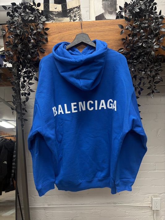 2019 Balenciaga Script Logo Blue Pullover Hoodie