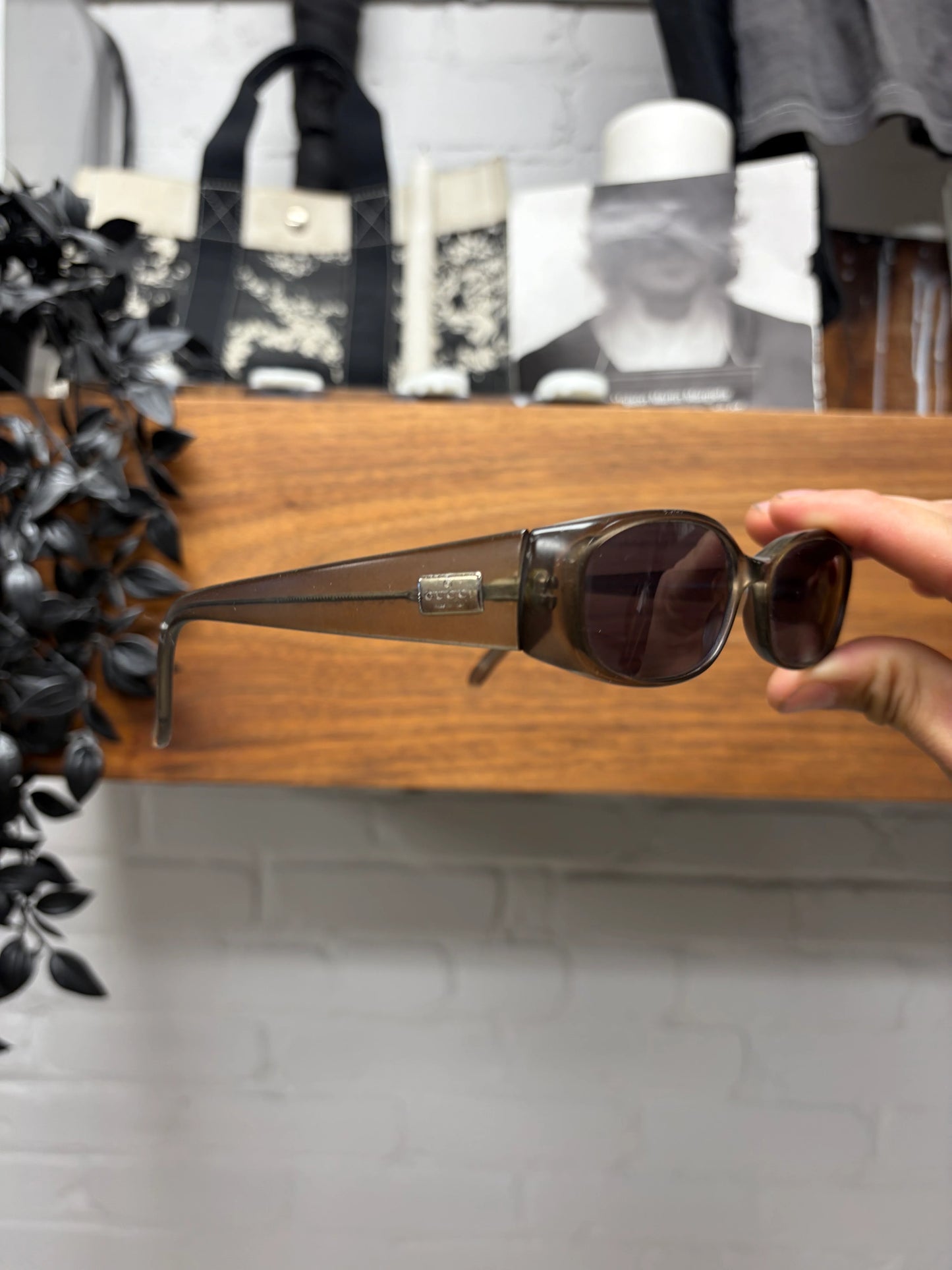 Vintage Gucci Brown Tinted Boxy Rectangular Frame Sunglasses