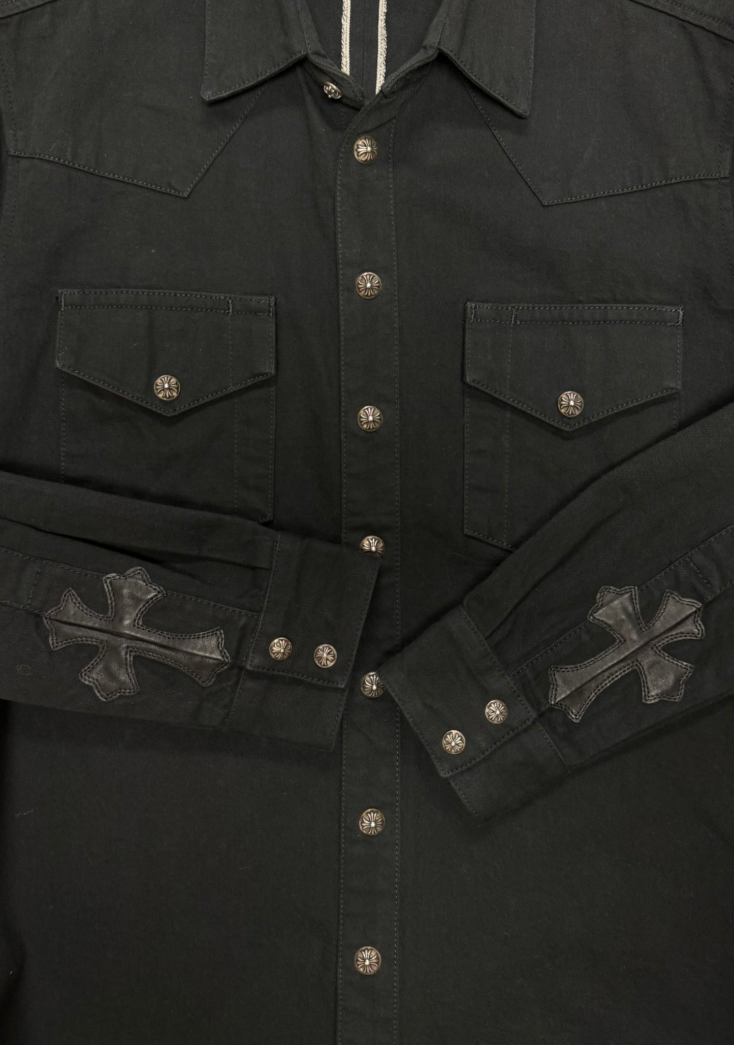 Chrome Hearts Leather Cross Patch Denim Western Shirt