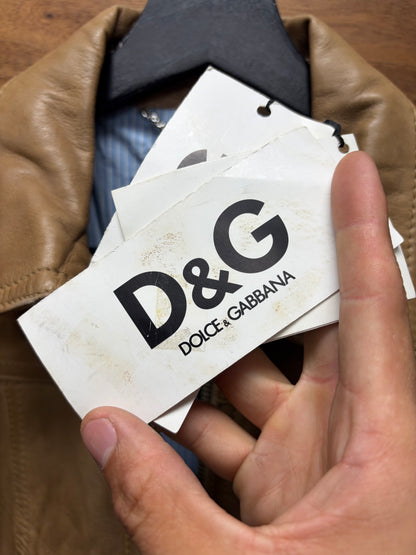Dolce and Gabbana Cropped Brown Lambskin Leather Jacket with Silk Pinstripe Liner
