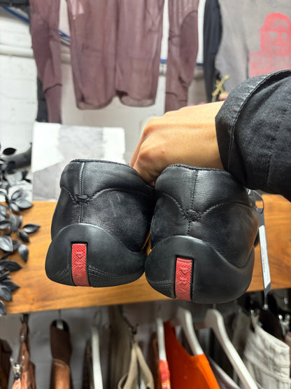 2000s Vintage Prada ‘Americas Cup Sole’ Black Laceless Leather Low Top Sneakers