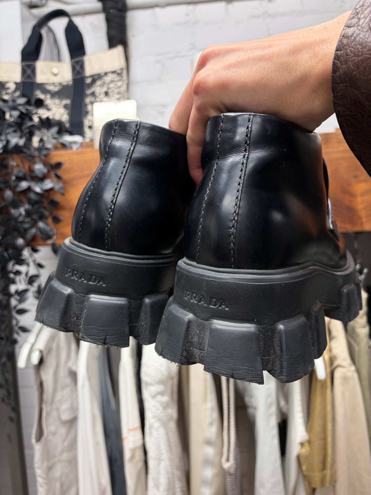 Prada ‘Monolith’ Black Leather Lug Sole Derbys