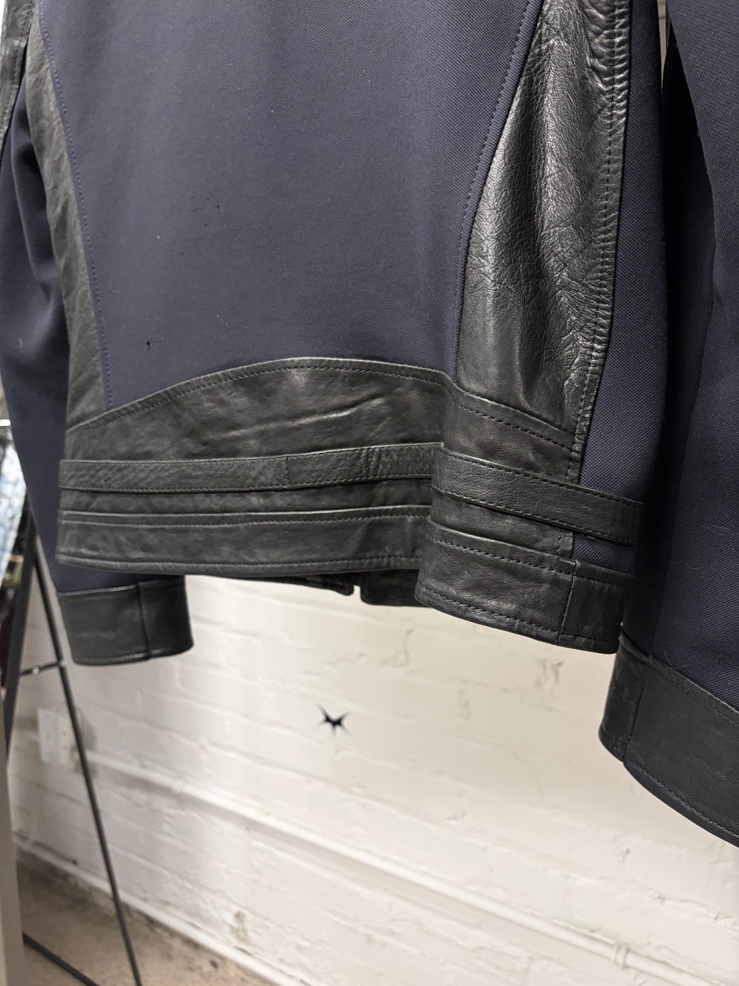 Dirk Bikkembergs Leather Moto Jacket with Navy Blue Panelling