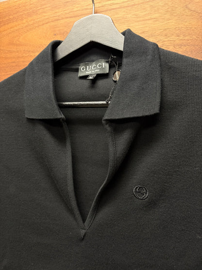 SS1997 Gucci by Tom Ford ‘V-Cut’ GG Embroidered Logo Black Ribbed Cotton Polo