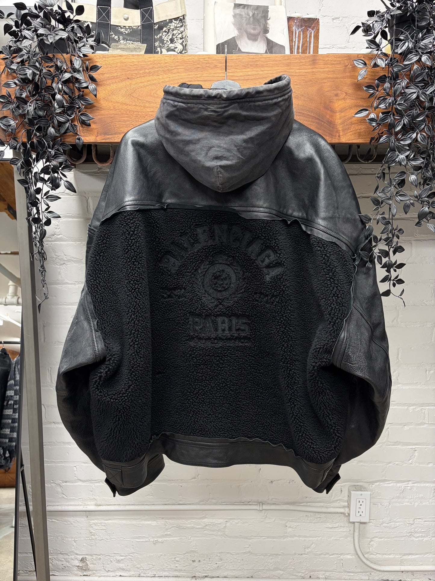 2021 Balenciaga ‘Collegiate’ Shearling/Raw Hem Lambskin Leather Hooded Jacket