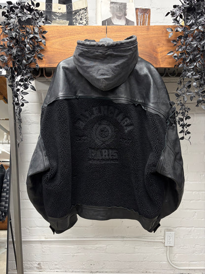 2021 Balenciaga ‘Collegiate’ Shearling/Raw Hem Lambskin Leather Hooded Jacket