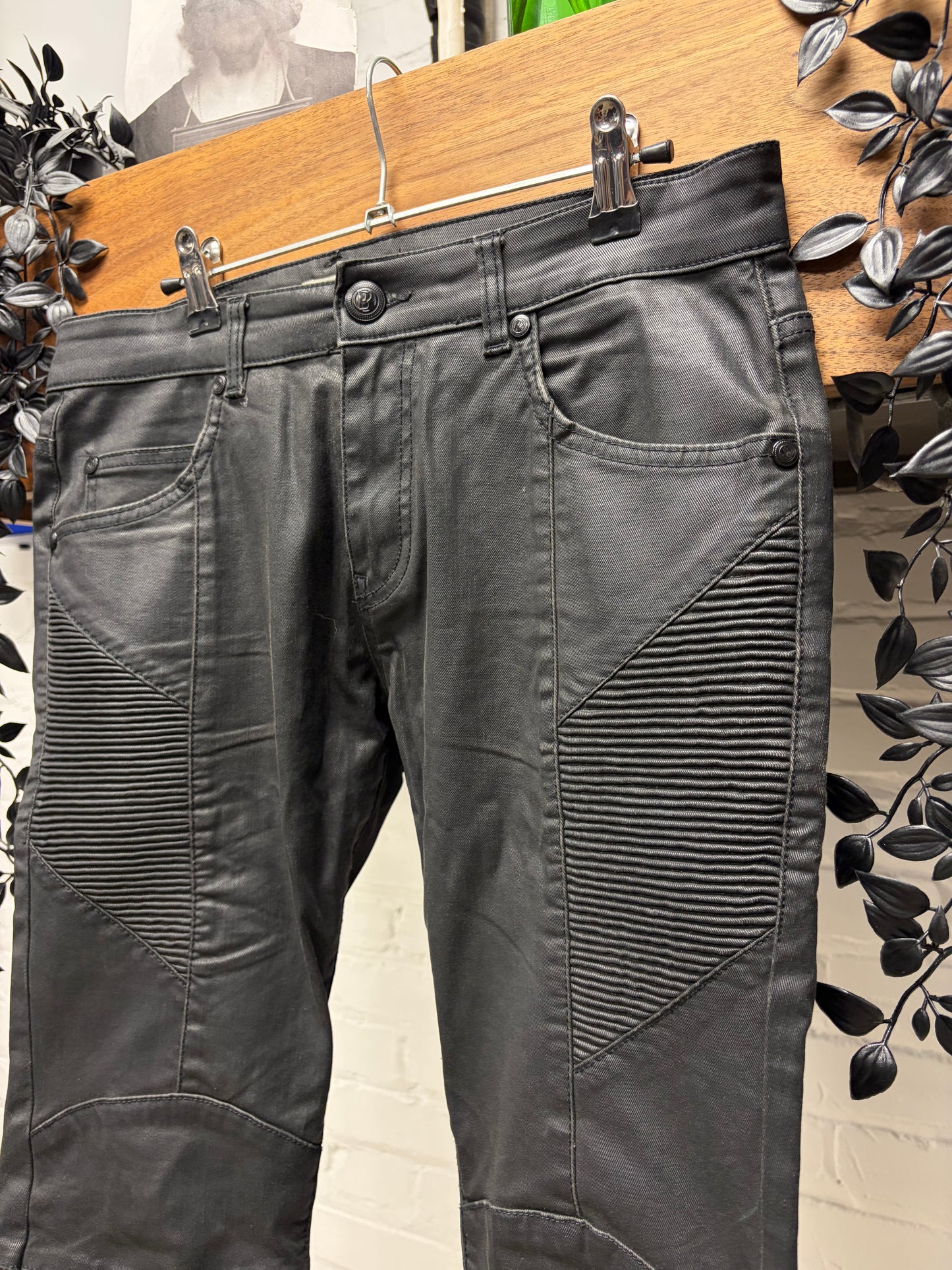Balmain Waxed Black Moto-Biker Knee Skinny Jeans