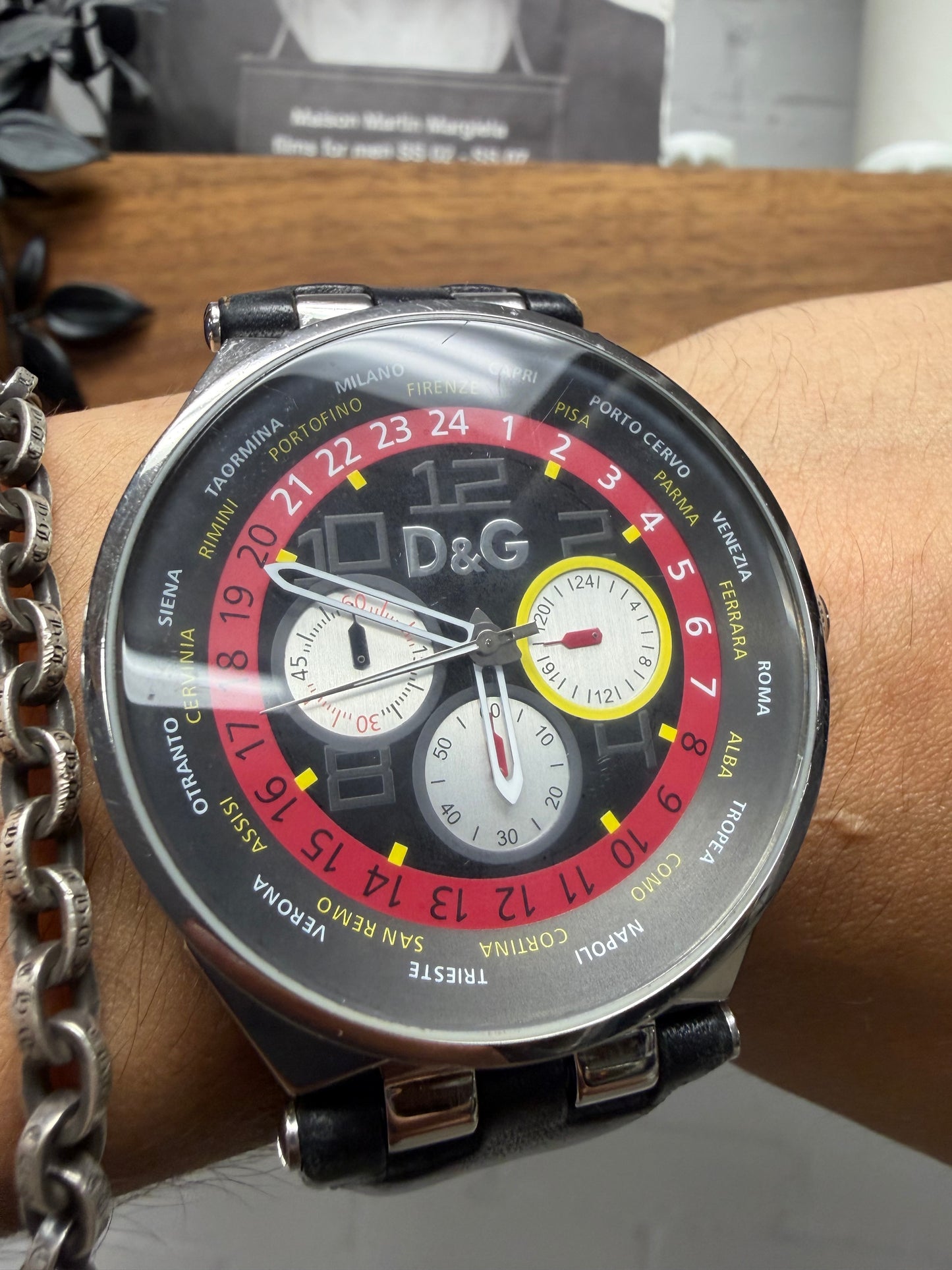 Dolce & Gabbana ‘Triple Chronograph’ Silver Tone Watch with Black Leather Strap