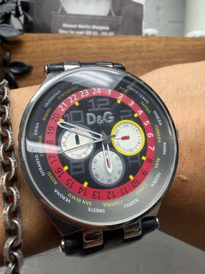 Dolce & Gabbana ‘Triple Chronograph’ Silver Tone Watch with Black Leather Strap