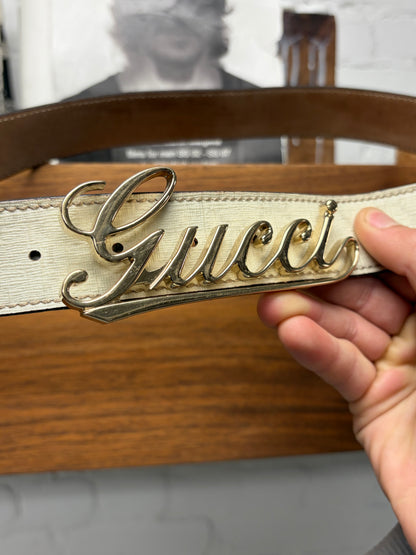 2000s Gucci ‘Cursive Script’ Gold Buckle White Monogram Leather Belt