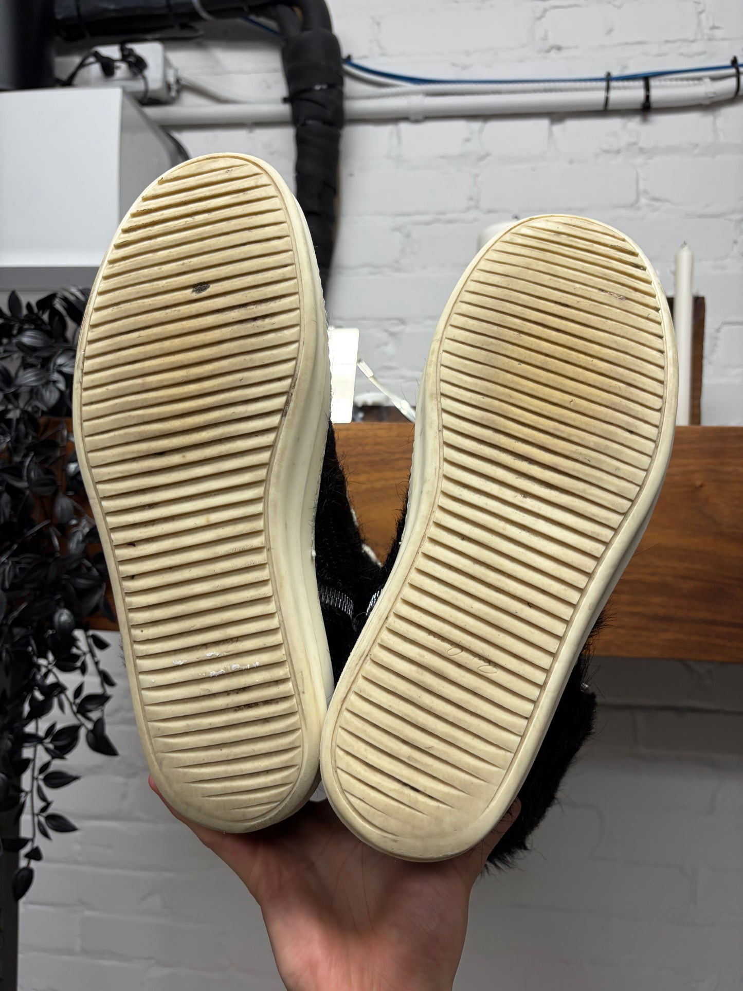 Rick Owens Ponyhair Black/Milk ‘Cargobasket’ High Top Sneakers