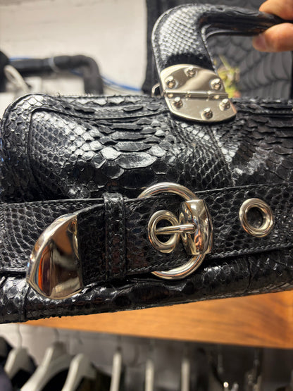 SS2007 Gucci by Frida Giannini Black Genuine Python Leather ‘Romy’ Top Handle Bag with Silver Grommet Belt