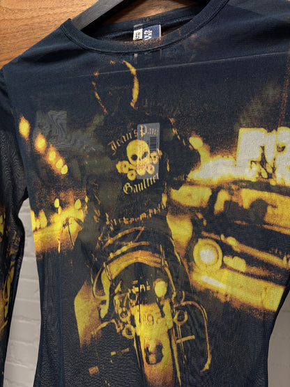 AW2003 Jean Paul Gaultier ‘Outlaws Territory’ Biker Graphic Mesh Long Sleeve Shirt