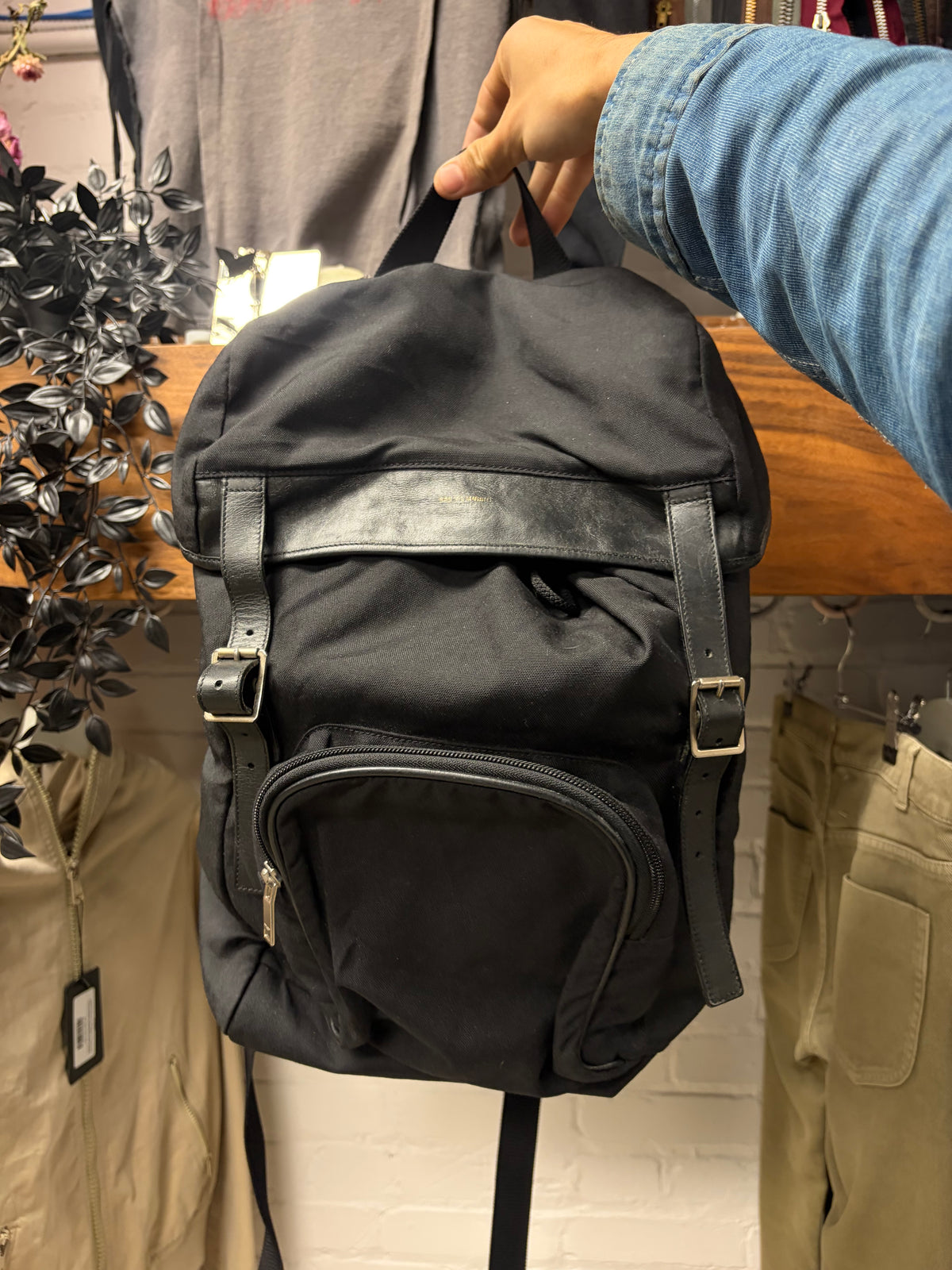 Saint Laurent Black Canvas ‘Explorer’ Backpack with Leather Trim