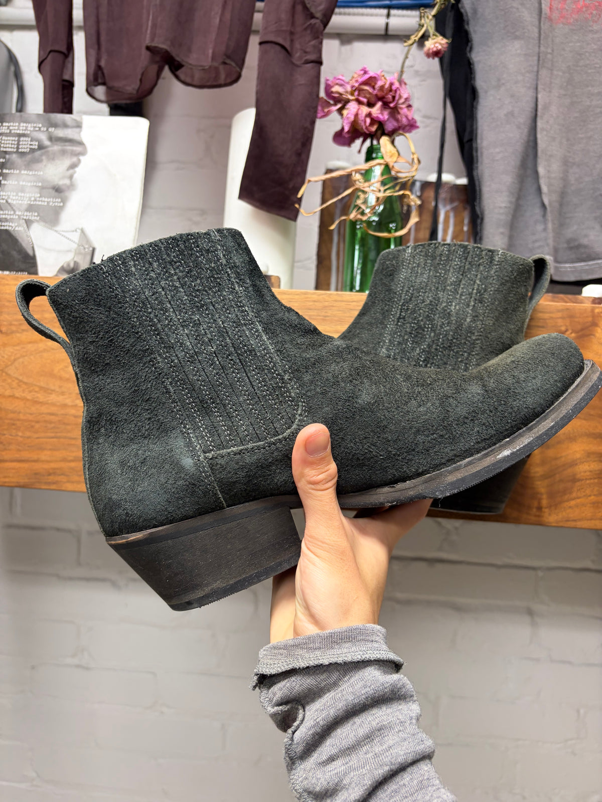 Our Legacy Charcoal Grey Suede ‘Cuban’ Pointed Toe Chelsea Boots