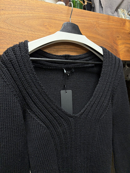 2000s Gucci ‘Plunge Neck’ Ribbed Black Wool Knit Sweater