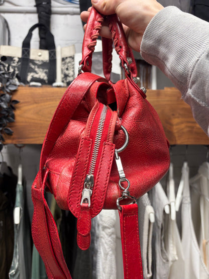 Balenciaga ‘Town’ Red Leather Bag with Silver Toned Hardware and Crossbody Strap
