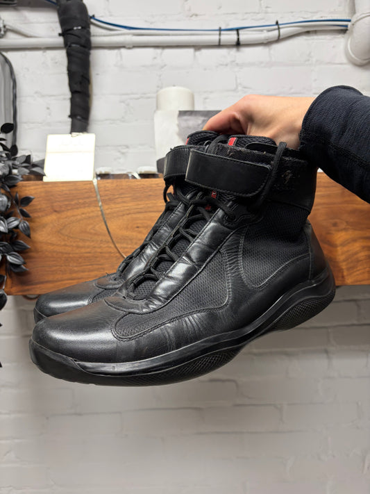 Early 2000s Prada Black Patent Leather ‘Americas Cup’ High Top Sneakers