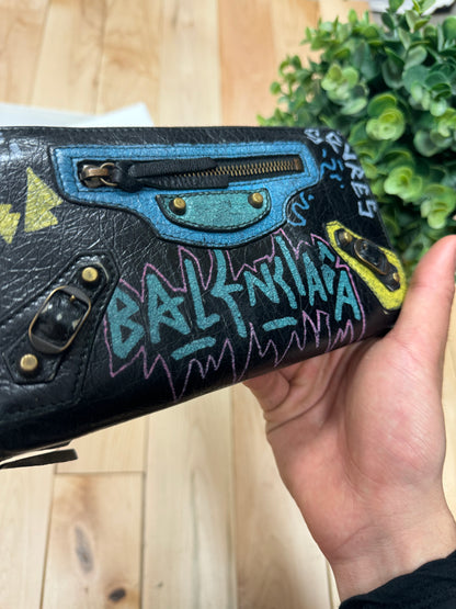 2018 Balenciaga ‘Paris’ Graffiti Logo Black Long Leather Wallet