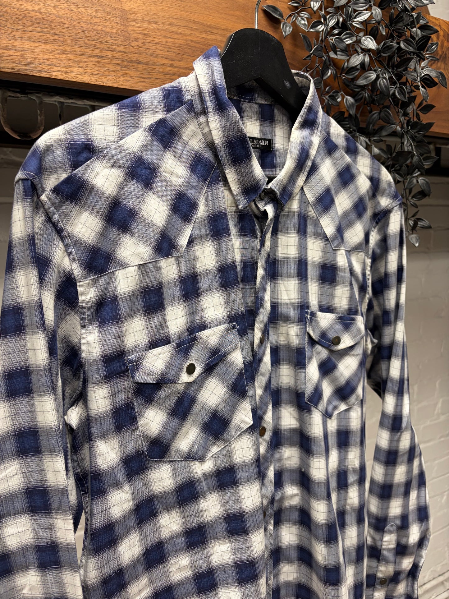 Balmain Blue Plaid Patterned Button Snap Collared Shirt