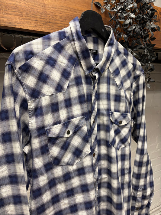 Balmain Blue Plaid Patterned Button Snap Collared Shirt