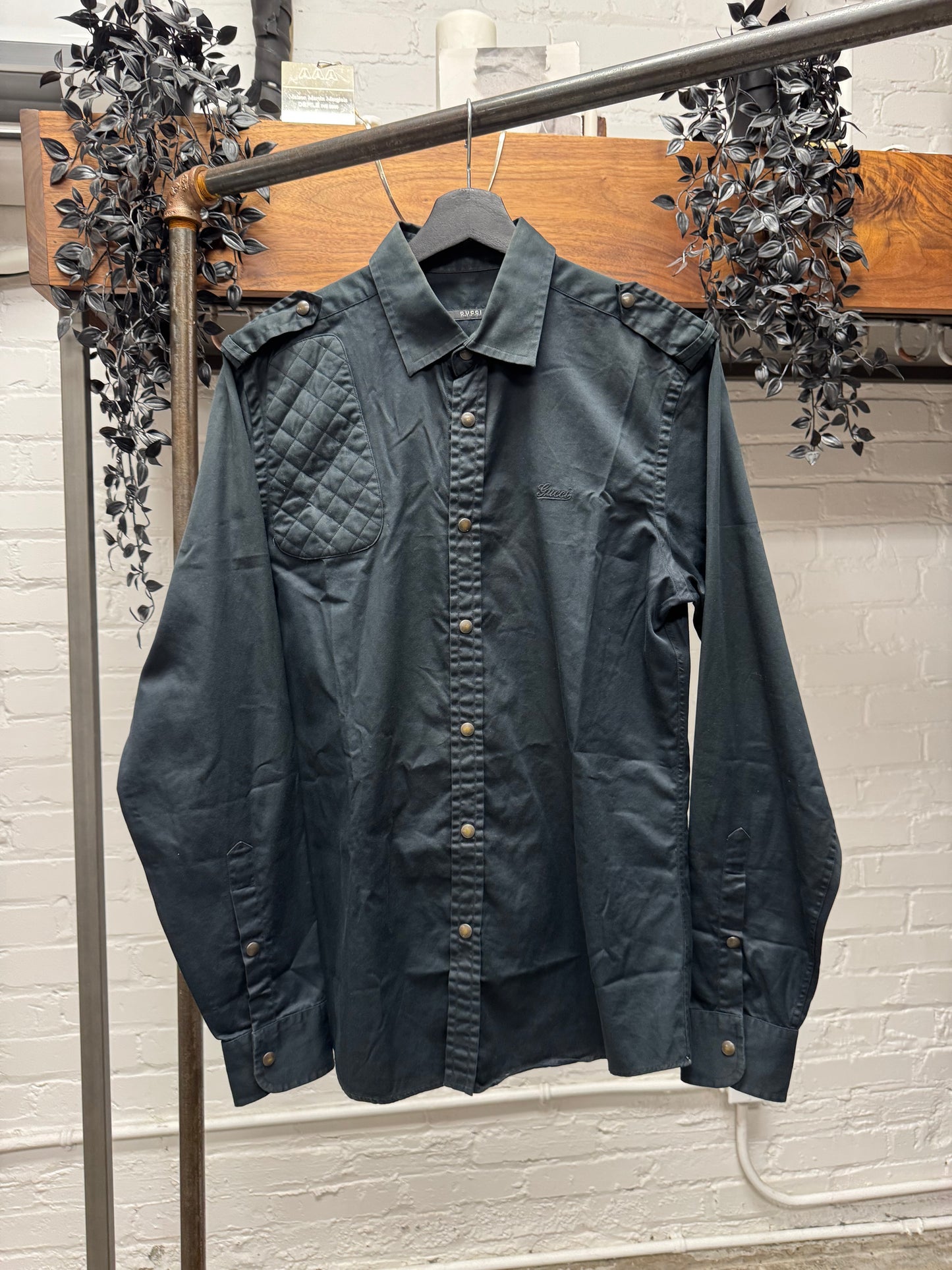 2000s Gucci Quilted Shoulder Detail Button Snap Black Military Shirt