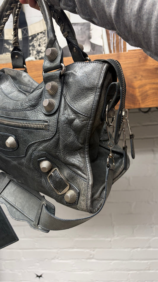 Balenciaga Faded Grey Lambskin Leather ‘Giant 21’ City Bag with Silver Hardware & Crossbody Strap