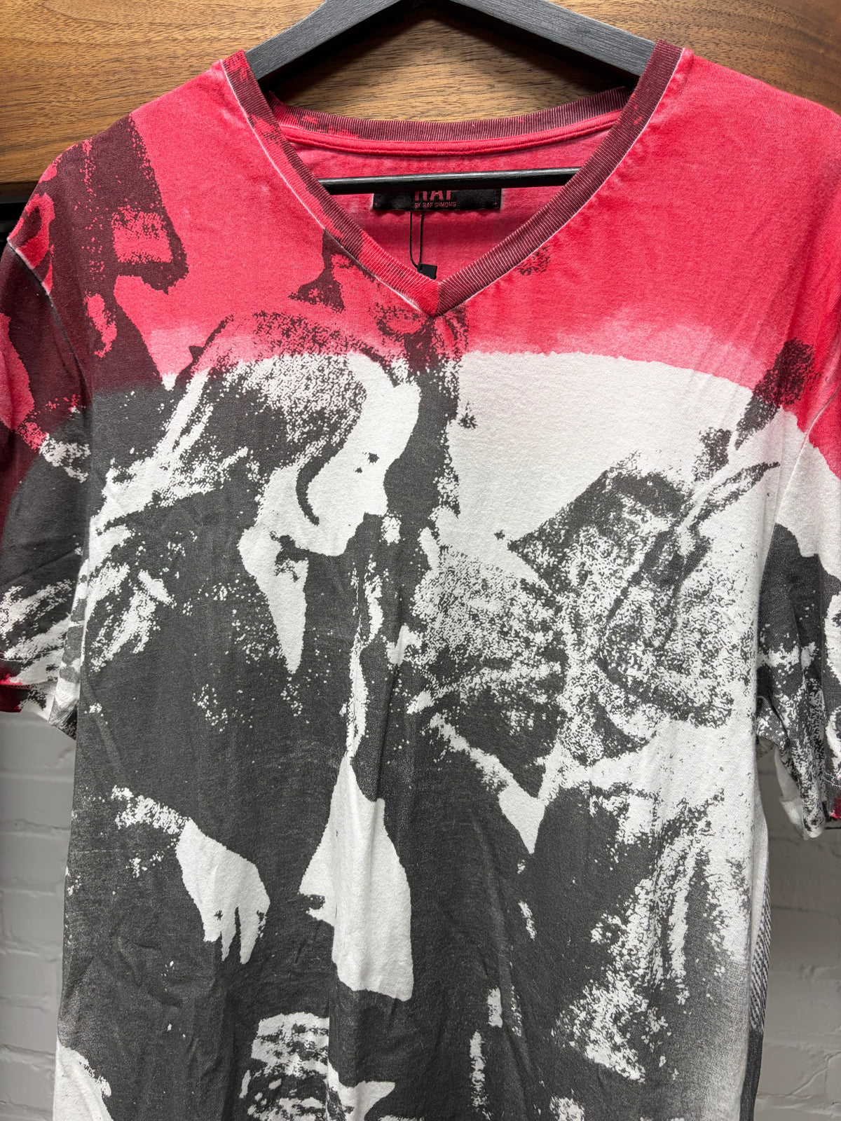 Raf by Raf Simons Bleach Dyed ‘Full Art’ Red/White V-Neck Graphic T-Shirt