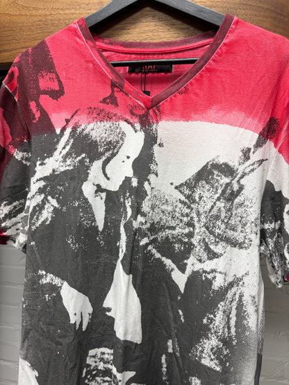 Raf by Raf Simons Bleach Dyed ‘Full Art’ Red/White V-Neck Graphic T-Shirt