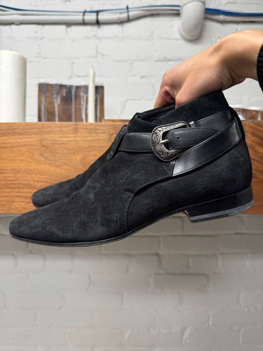 Saint Laurent ‘Jodhpur’ Western Buckle Black Suede Ankle Boots