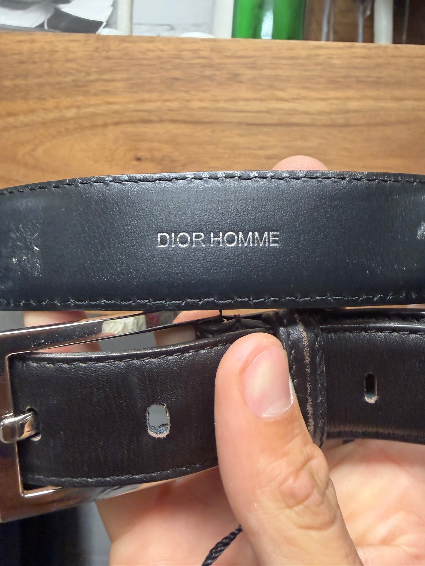 Dior Homme Minimal Rectangular Buckle Black Leather/Silver Tone Belt
