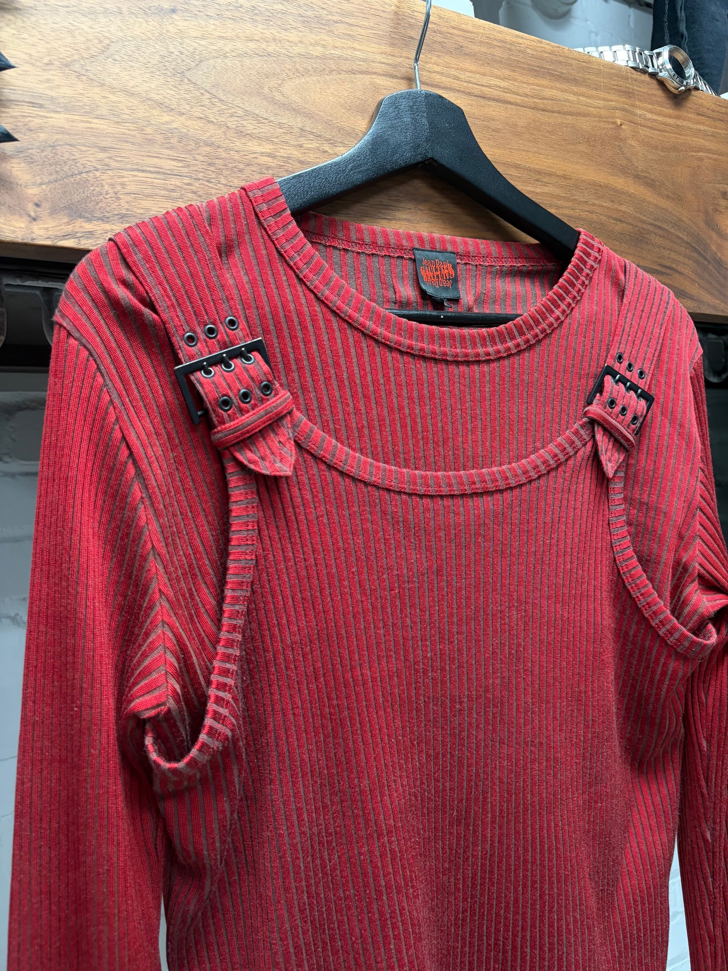 Vintage Jean Paul Gaultier ‘Overall Strap’ Harness Layered Pinstripe Long Sleeve Shirt