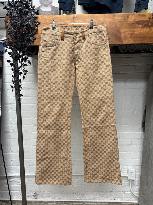 AW1999 Gucci by Tom Ford Brown Canvas Monogram Flared Leg Pants