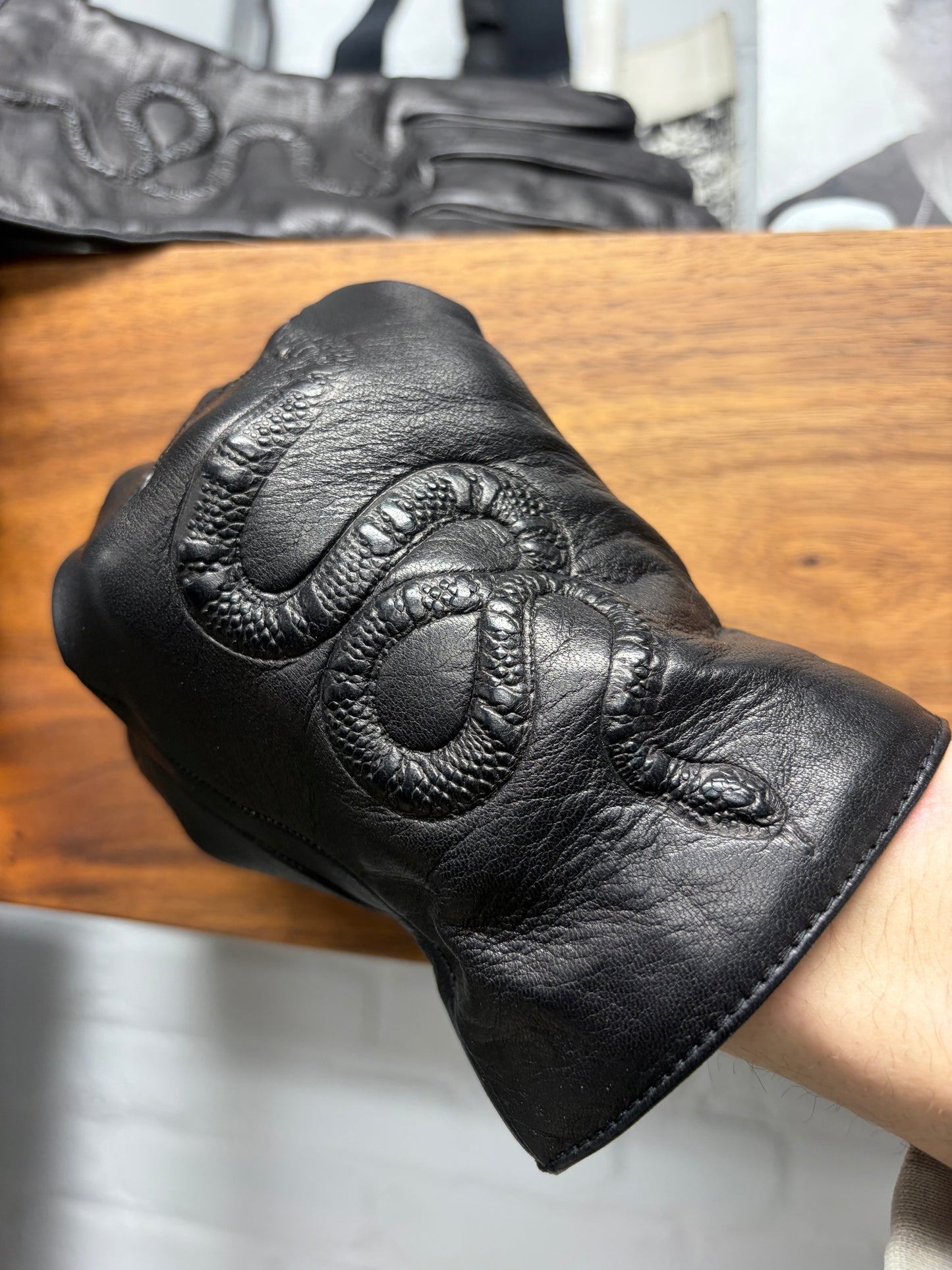Gucci ‘Snake Embossed’ Black Lambskin Leather Gloves