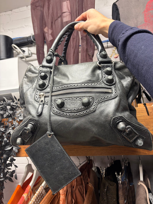 Balenciaga ‘Giant’ Brogue Leather Faded Black City Bag