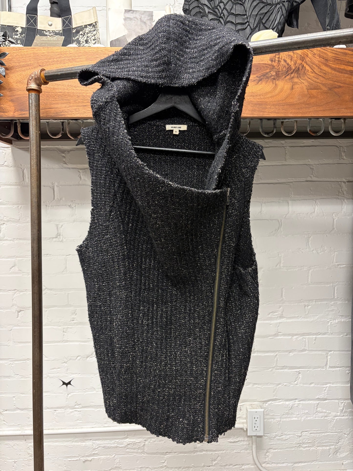 Helmut Lang Wool Asymmetric Zip Up Sleeveless Knit Hoodie