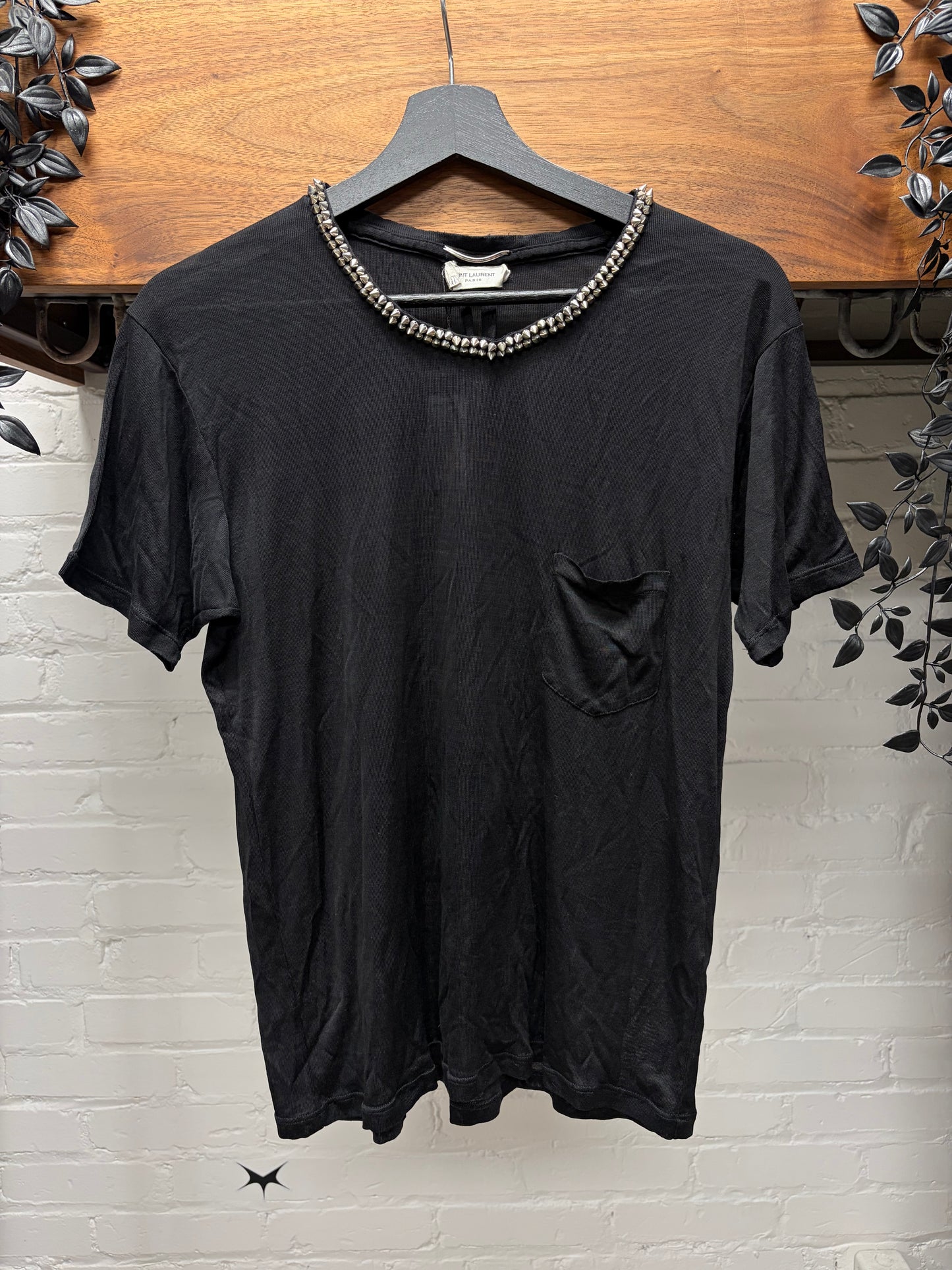 2014 Saint Laurent by Hedi Slimane ‘Studded Spike Collar’ Black Silk Short Sleeve Shirt