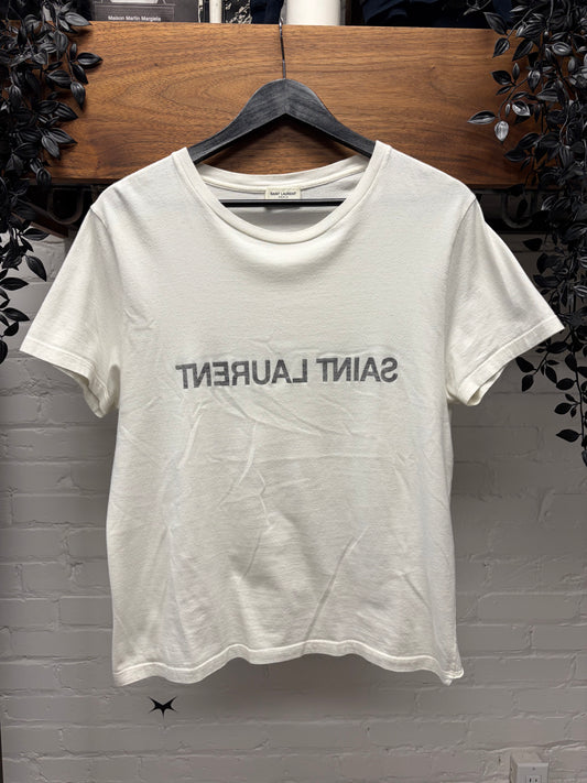 2021 Saint Laurent ‘Mirrored Logo’ Cropped Fit White Spell Out T-Shirt