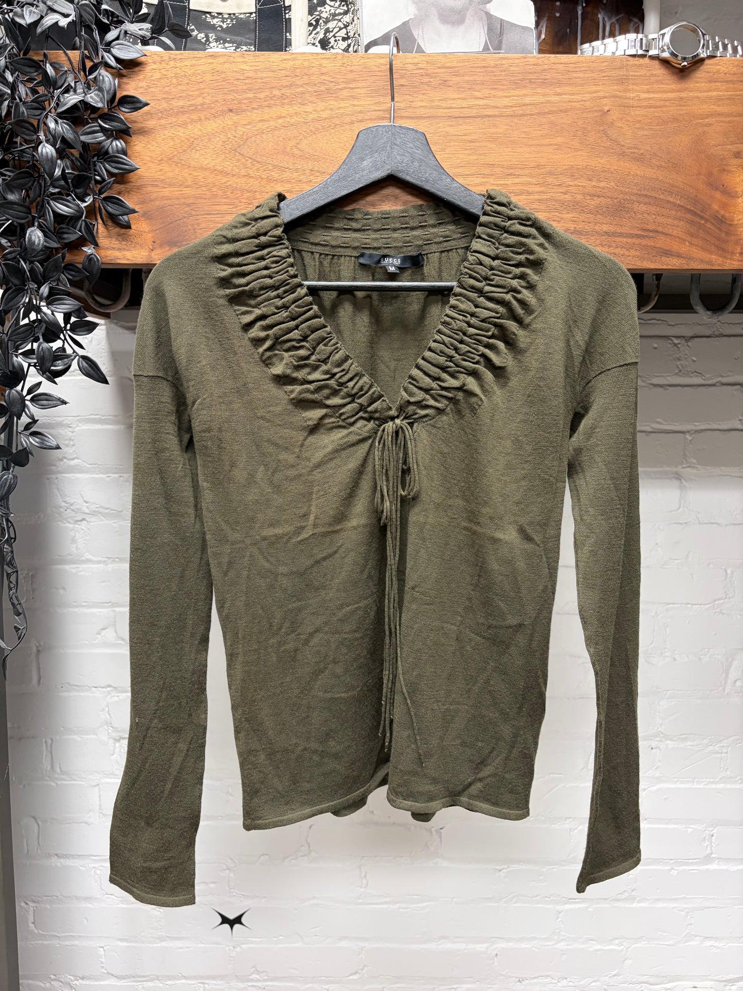 Vintage Gucci Ruched Collar Dark Green Plunge Neck Top