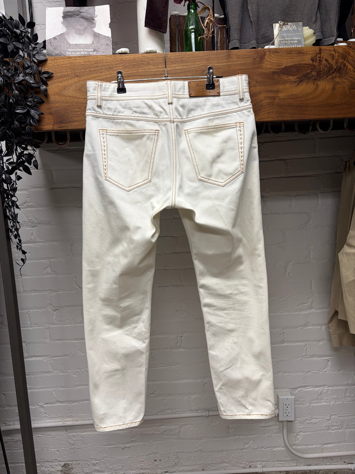 Berluti Pleated White Slim Cut Denim with Leather Pocket Trim