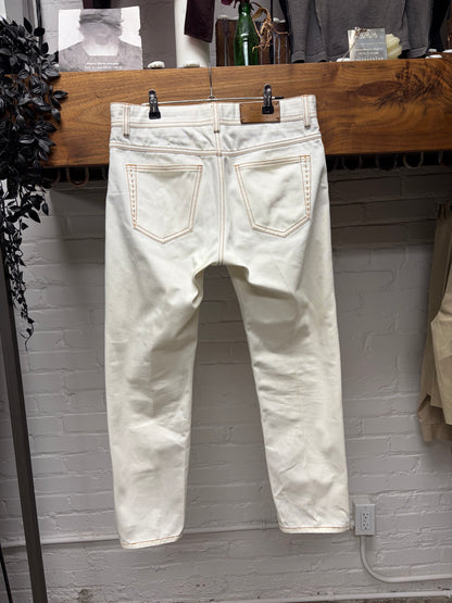Berluti Pleated White Slim Cut Denim with Leather Pocket Trim