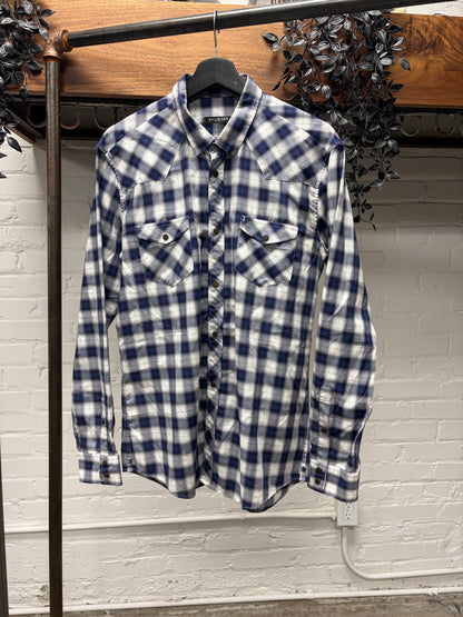 Balmain Blue Plaid Patterned Button Snap Collared Shirt