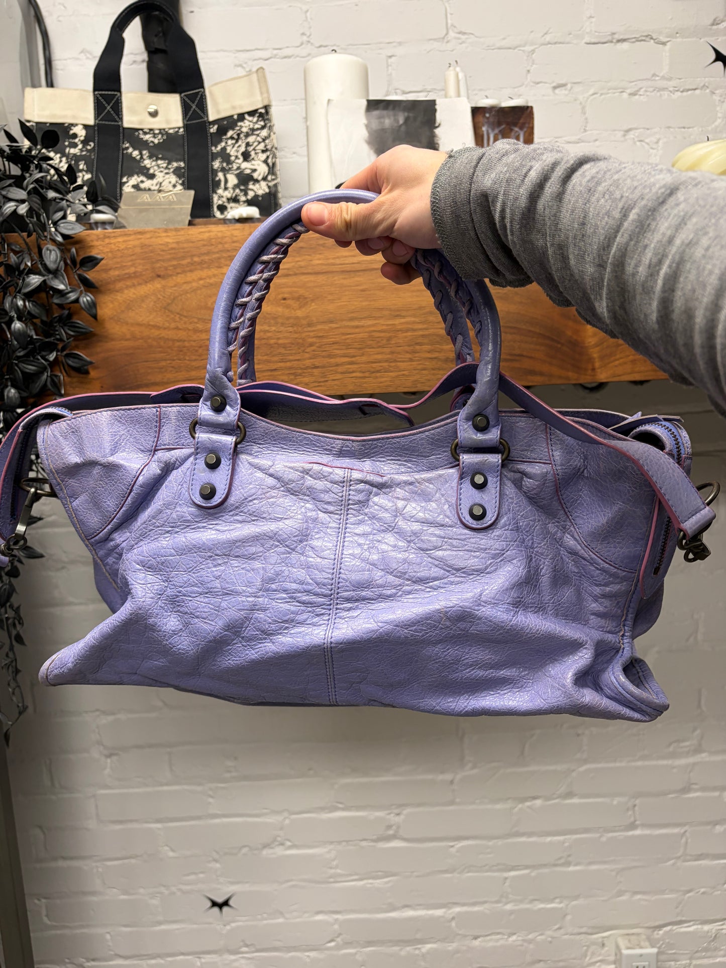 Balenciaga Lavender Purple Leather ‘City Bag’ with Crossbody Strap