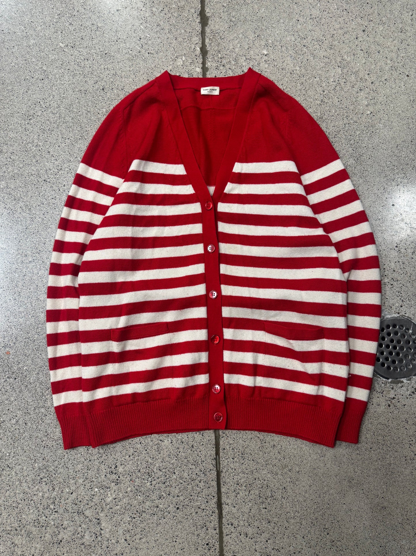 2015 Saint Laurent by Hedi Slimane Wool Red/White Striped Cardigan
