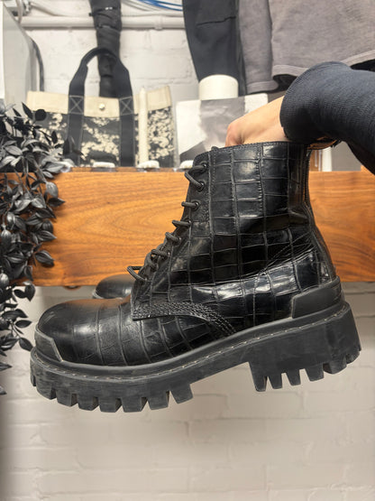 Balenciaga Croc Embossed ‘Strike’ Black Patent Leather Combat Boots
